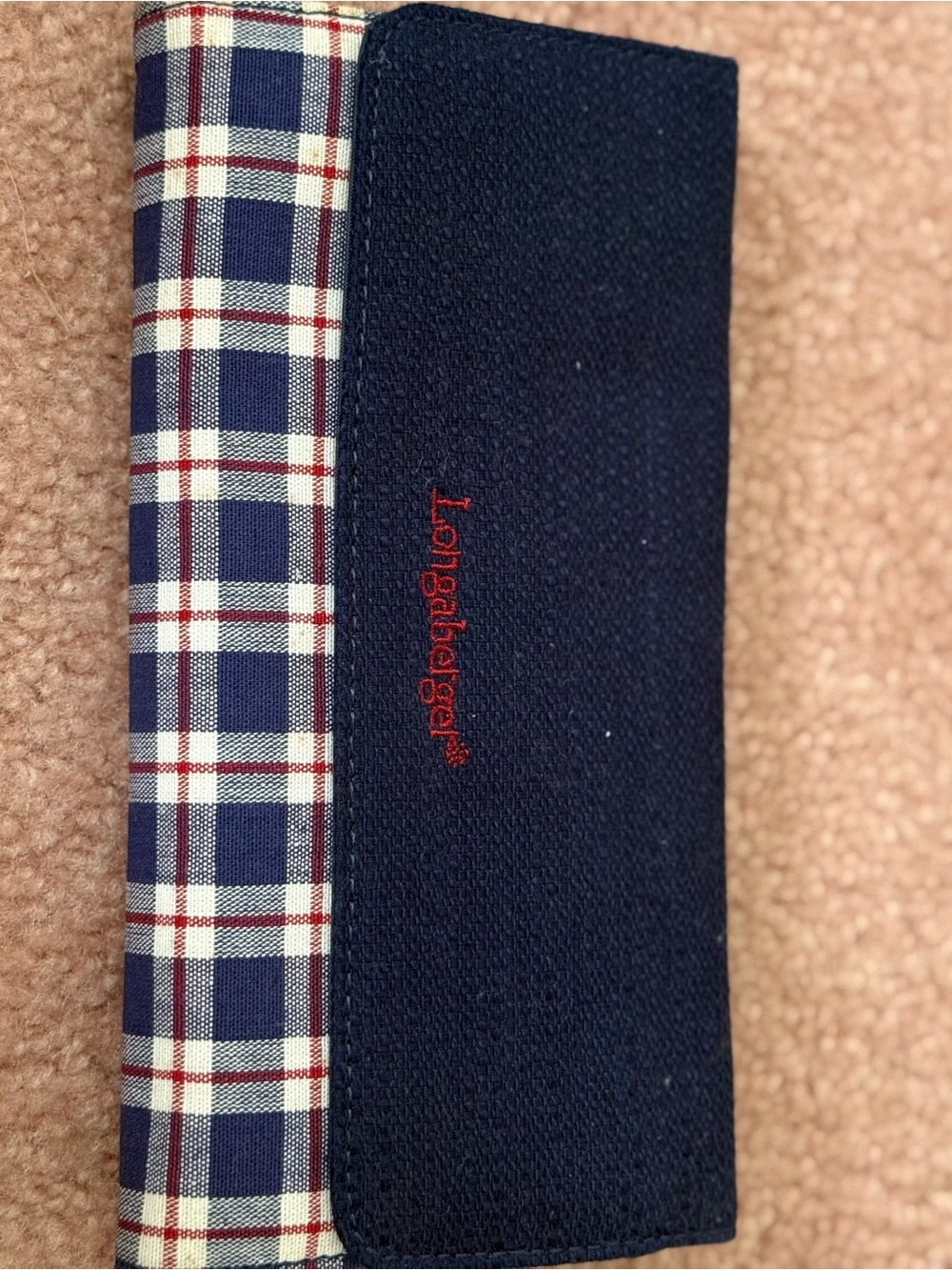Longaberger Navy Canvas Wallet with Red and White Plaid Trim